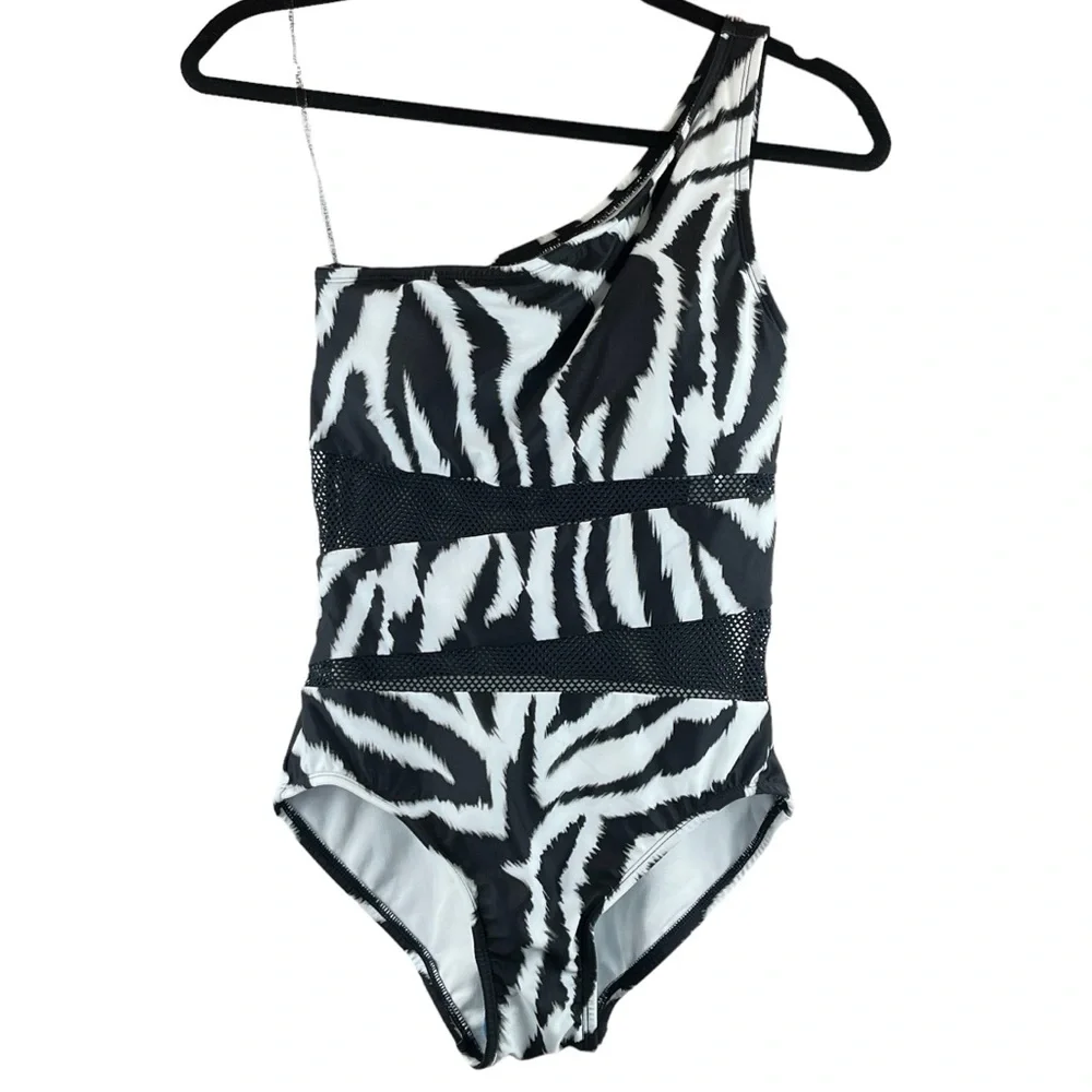 NWOT Carmen Marc Valvo One Shoulder Zebra Print Sheer Mesh One Piece Swimsuit 6